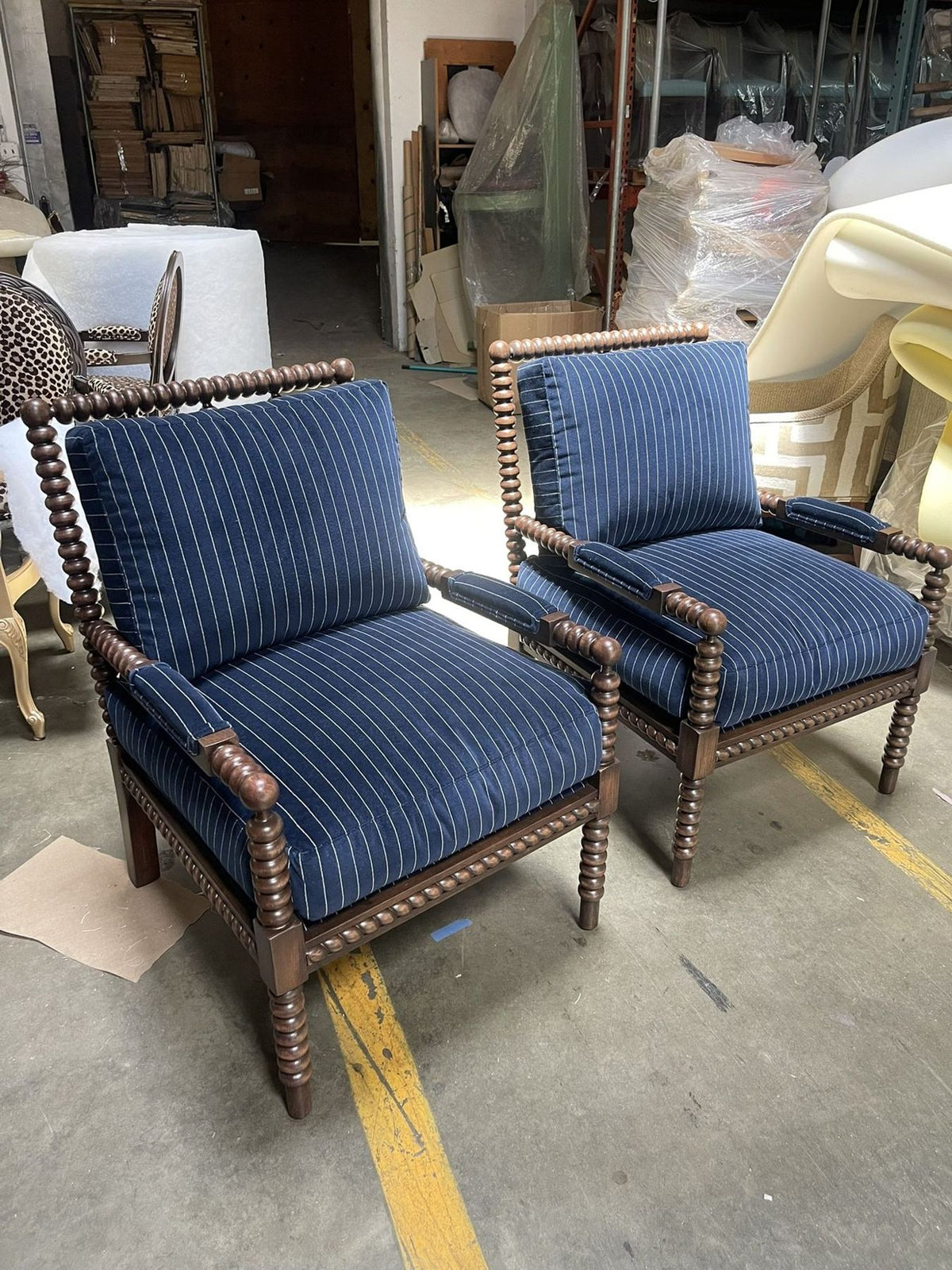 Spindle Lounge Chairs in Navy Stripe - Sigla Furniture