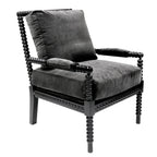 Black spindle armchair with decorative wooden frame on a white background
