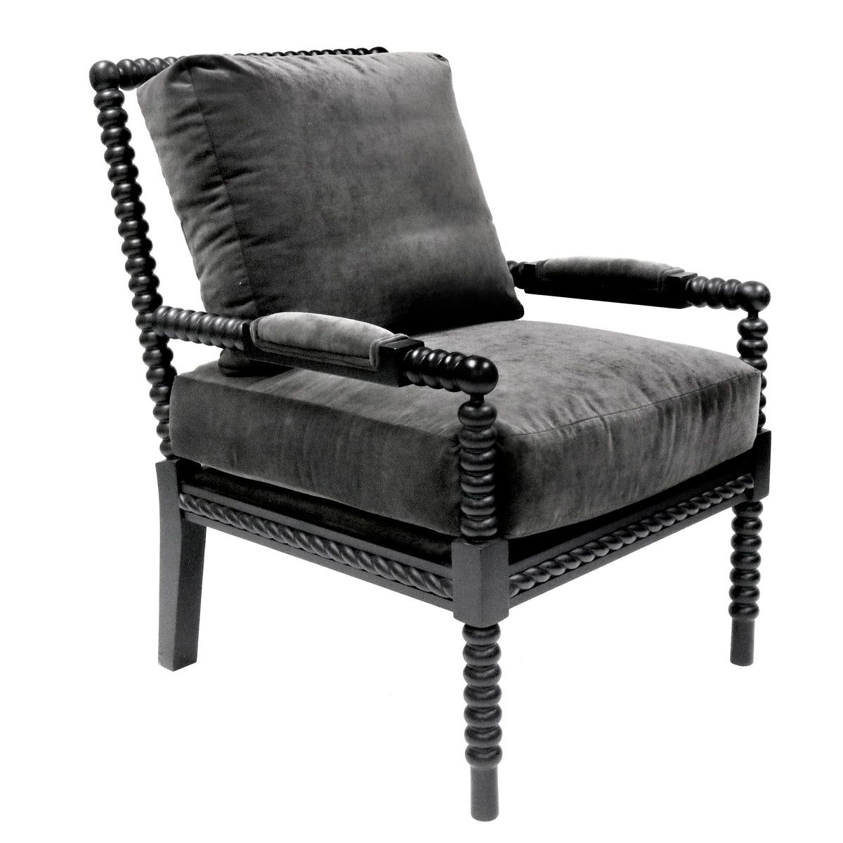 Black spindle armchair with decorative wooden frame on a white background