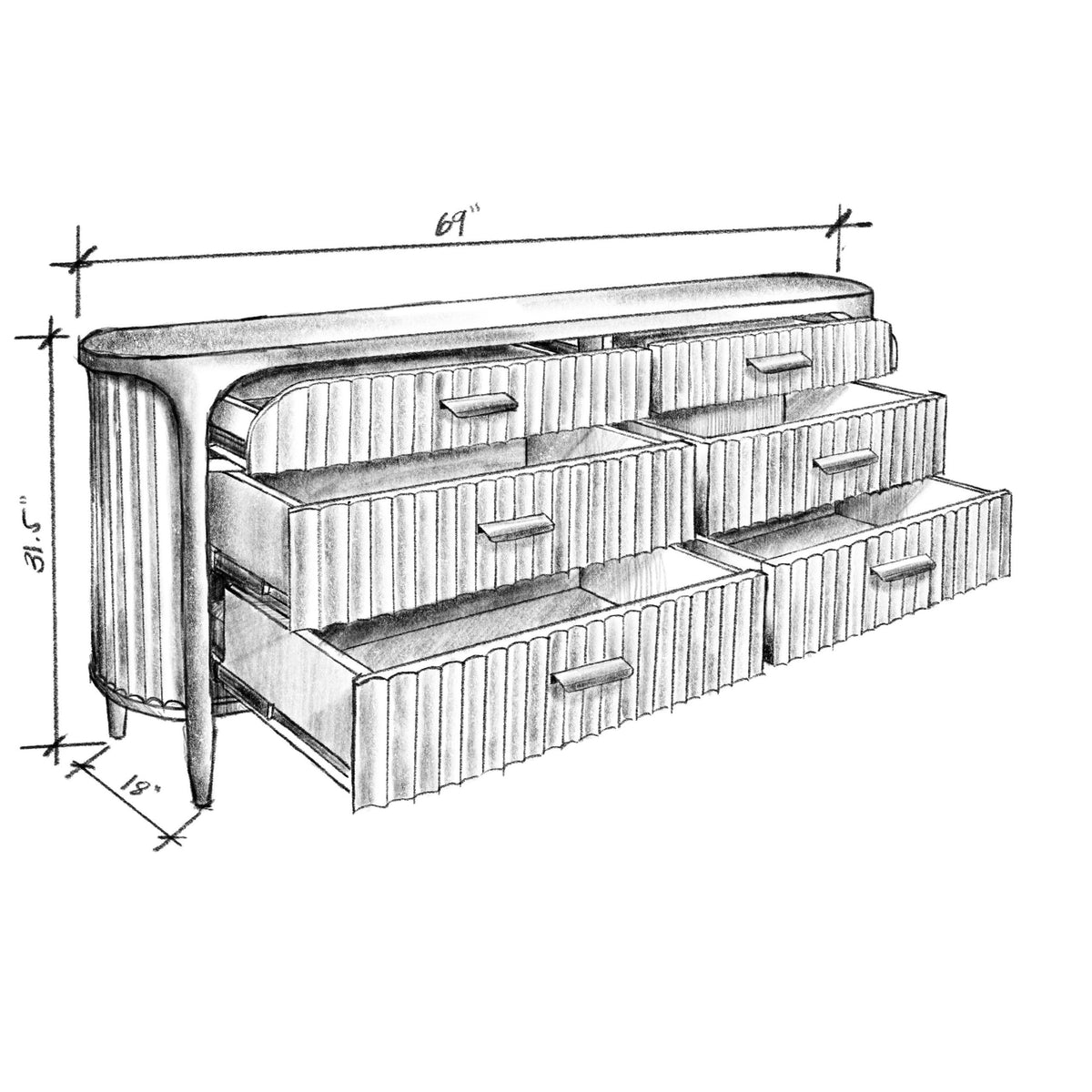 Pencil sketch of a fluted dresser with dimensions