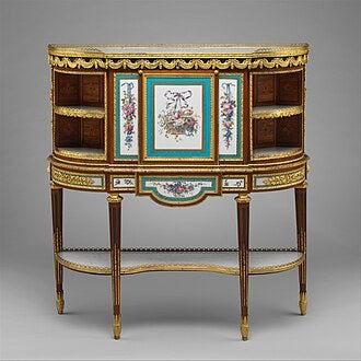 Demilune desk with painted porcelain plaques and gilt mounts, by Martin Carlin
