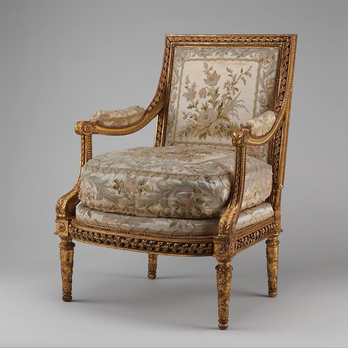 Gilded armchair with a square back and embroidered silk, attributed to Georges Jacob