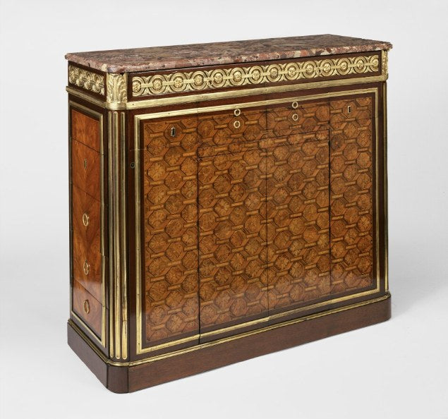 Parquetry secrétaire with a marble top and gilt bronze trim, by Jean-François Leleu