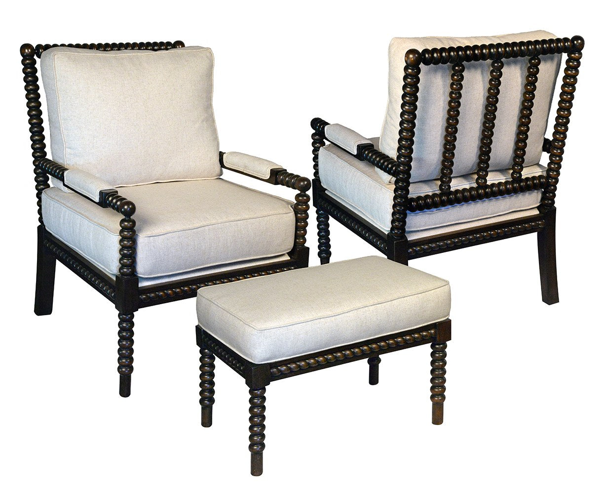 A pair of Sigla bobbin lounge chairs, front and back, with matching ottoman