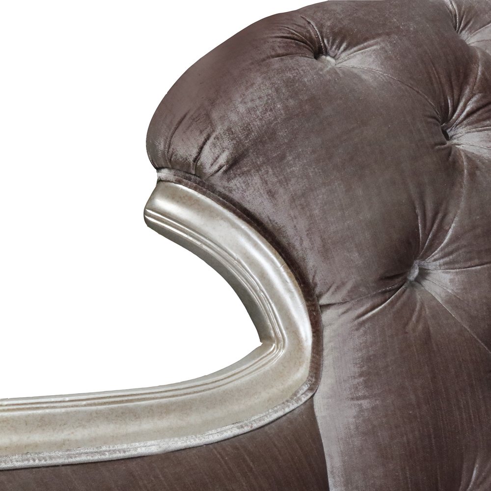 Tufted brown velvet with a silver-finished frame