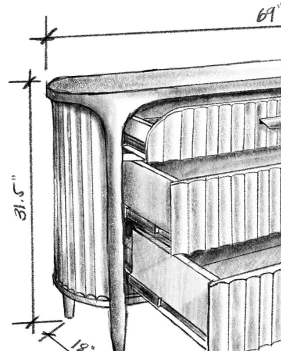 Pencil sketch of a fluted chest of drawers with dimensions