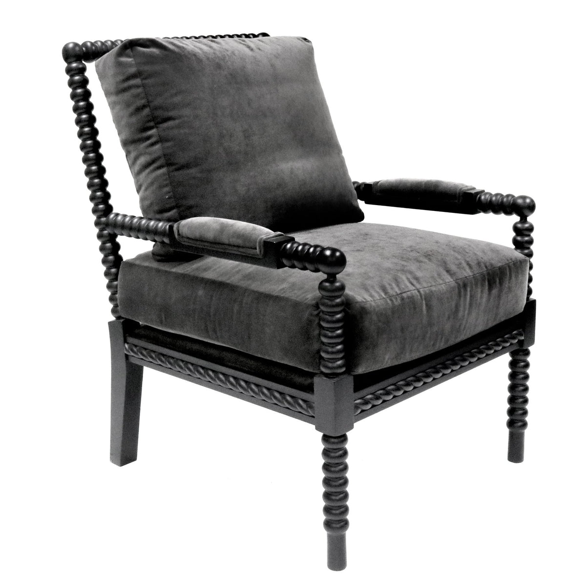 Finished spindle lounge chair with black frame and gray upholstery